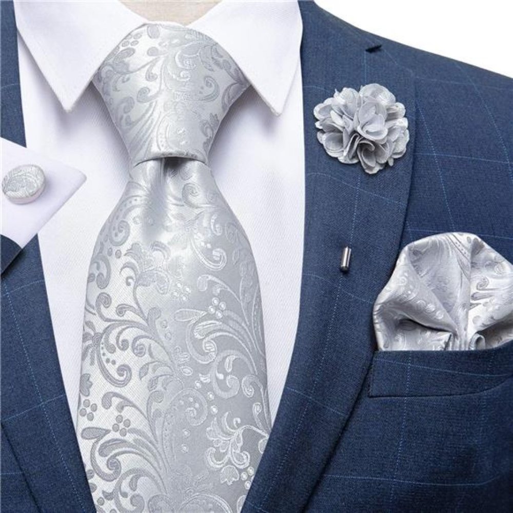 Silk Tie Woven Handkerchief Men's Necktie and Lapel Pin Brooch Set 05 Silver